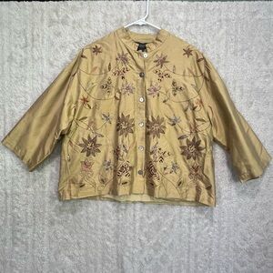 100% Silk Embroidered Button Up Shirt Jacket Stand Collar Sz M Floral Beaded